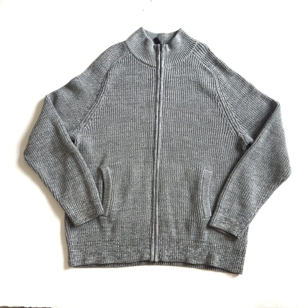 LL Bean Full Zip Sweater Mens XXL Gray Mock Neck Pockets Classic Preppy Shaker